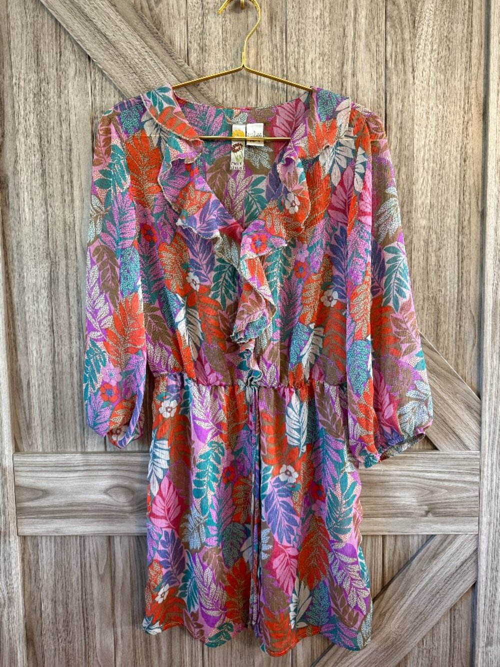Mimi Chica Tropical Botanical Ruffle V-Neck Sheer Mini Dress